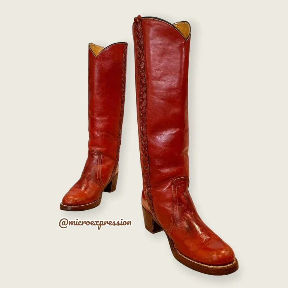 VINTAGE 1970s Frye Leather Red-Brown Leather Braided Knee High Block Heel Boot